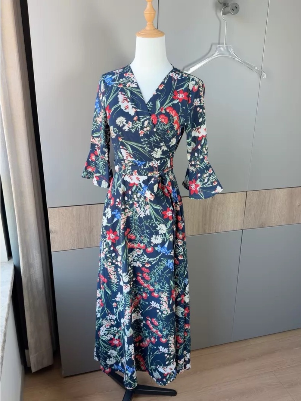 Navy Floral Wrap Maxi Dress with Red & White Blooms